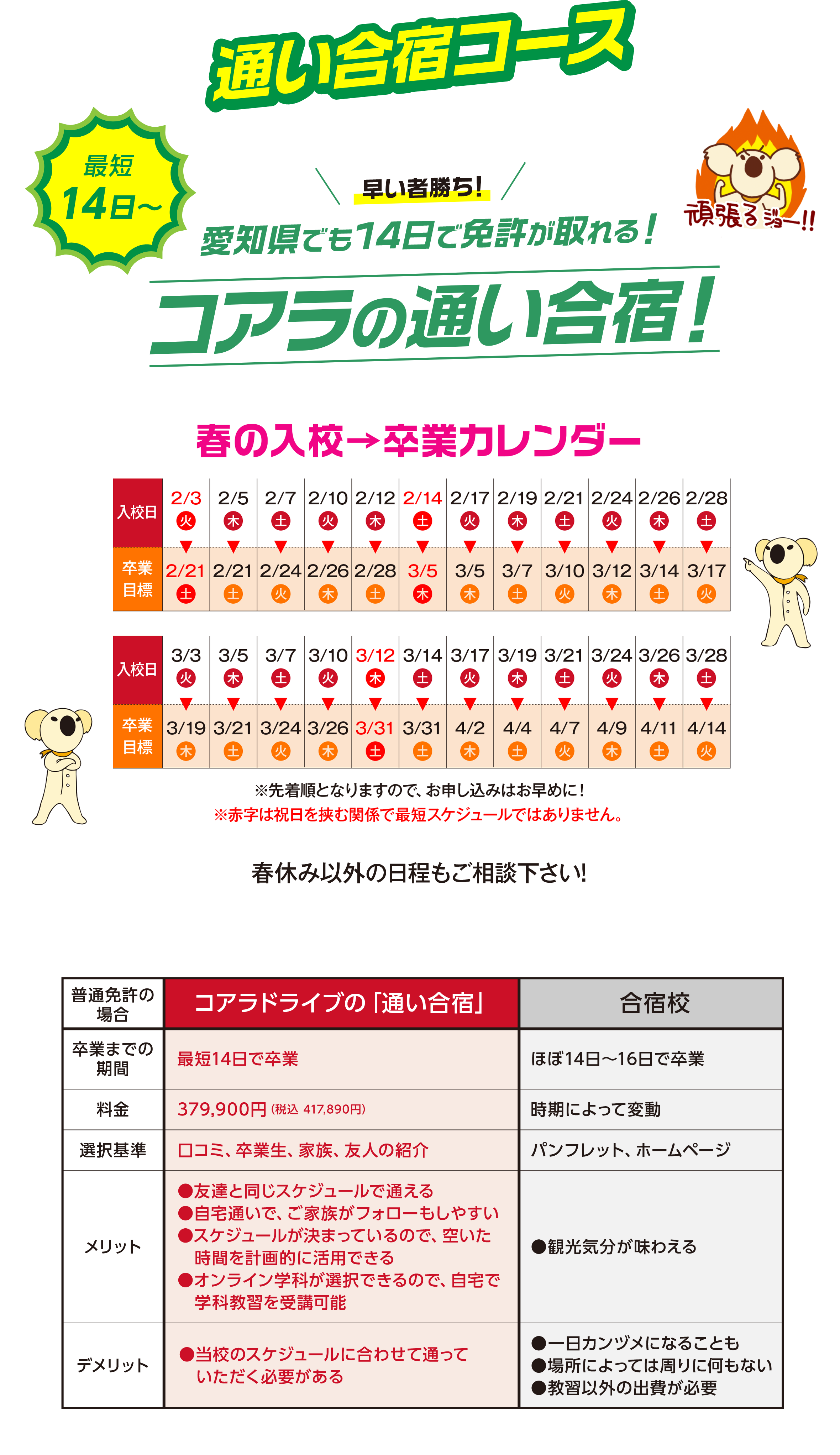 通い合宿コース日程　最短14日間〜