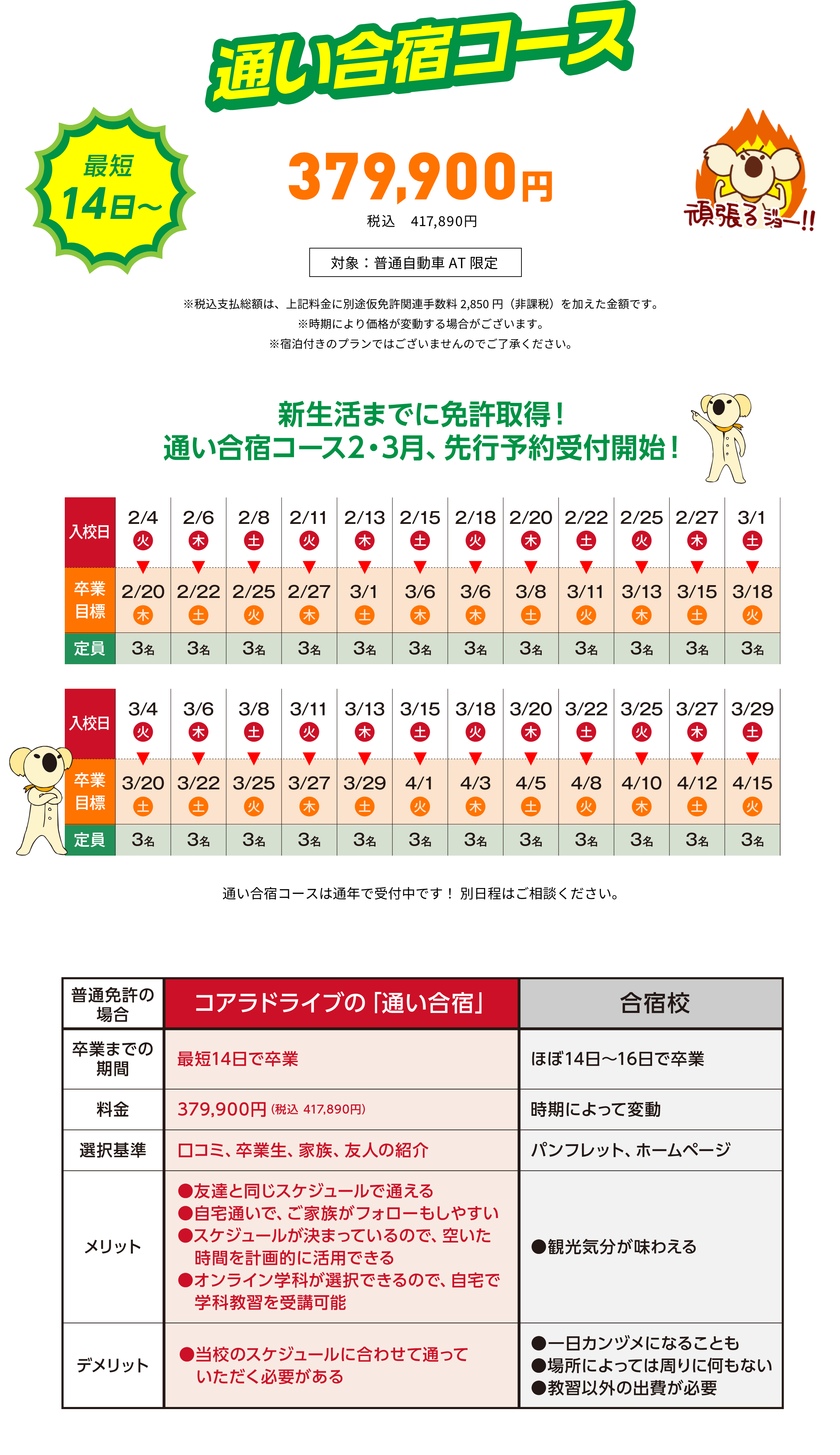 通い合宿コース日程　最短14日間〜